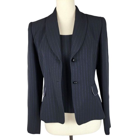 Tahari Black Purple Stripe Single Breasted Two Button Tank Top Blazer Set Size 4 - Picture 2 of 15